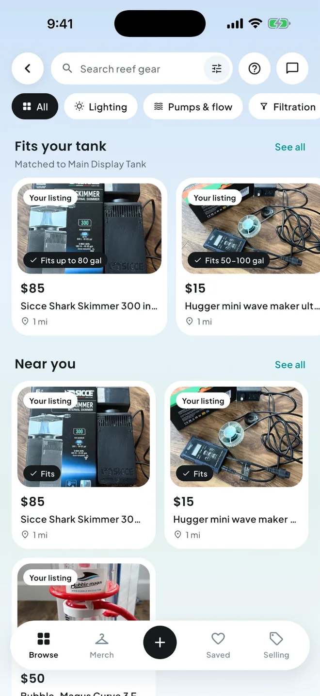 Marketplace browse screen with gear matched to the tank
