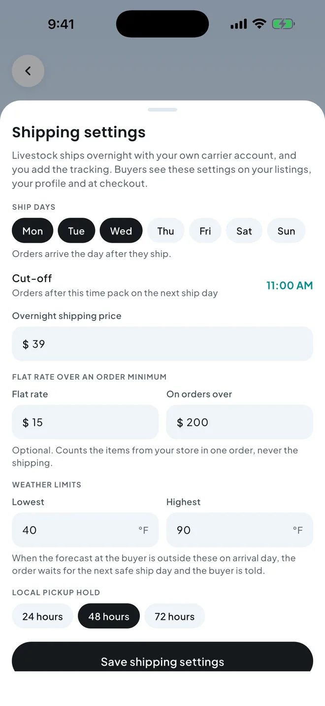 Store shipping settings for livestock