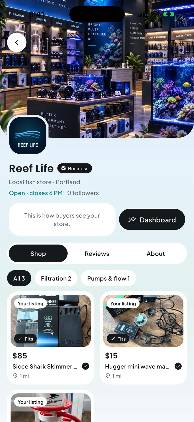 A store page on the Reefability Marketplace
